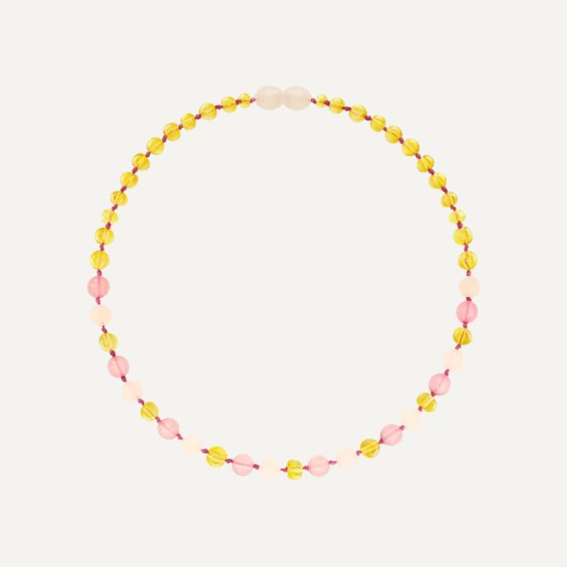 Barnsteen ketting kind lemon en rozenkwarts 32 cm