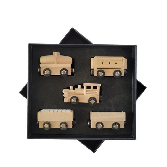 Houten treinset in doos