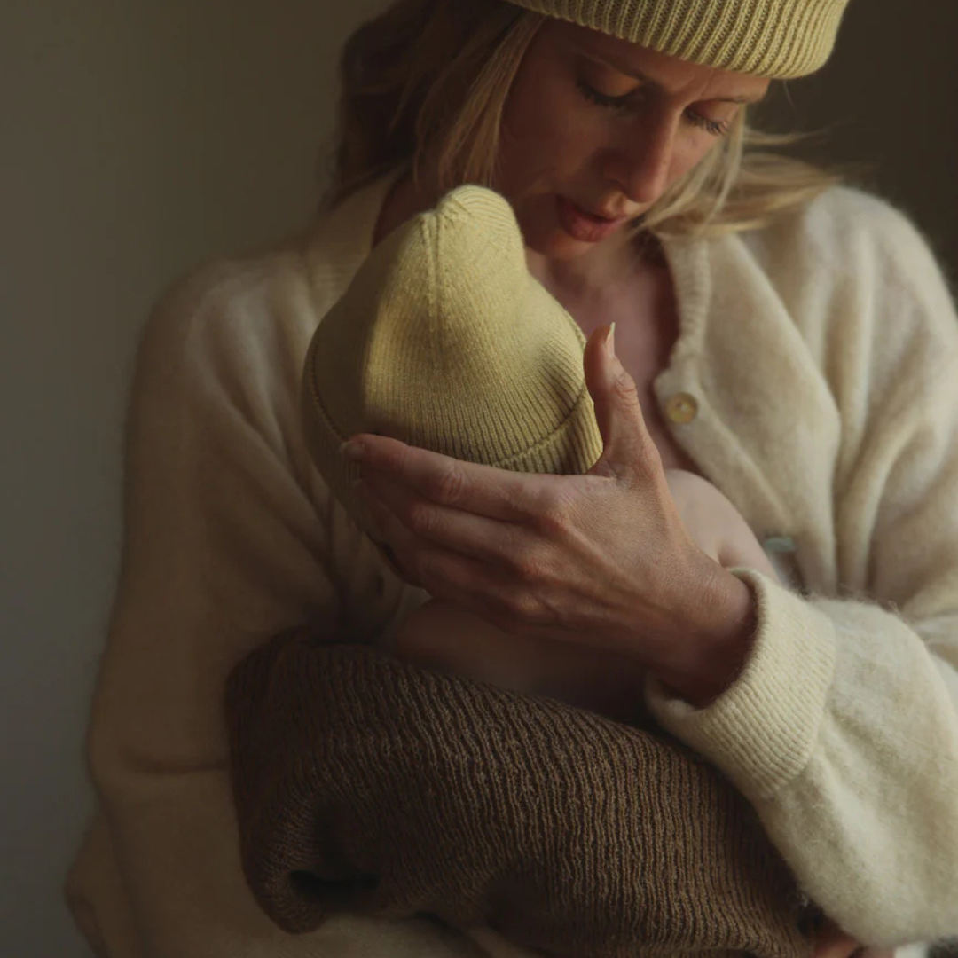 wol merinowol hvid newborn beanie geel