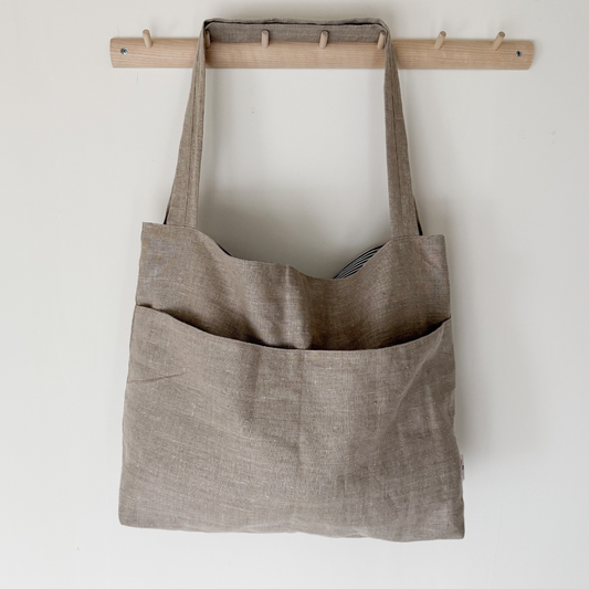 linnen mombag luiertas gestreept grijs