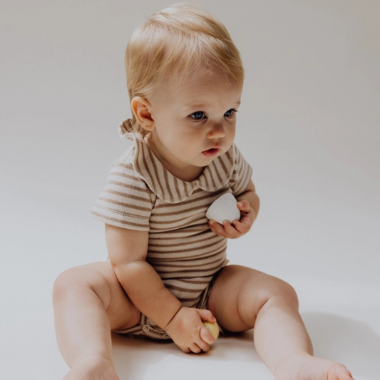 gestreept beige brons wol romper onesie baby