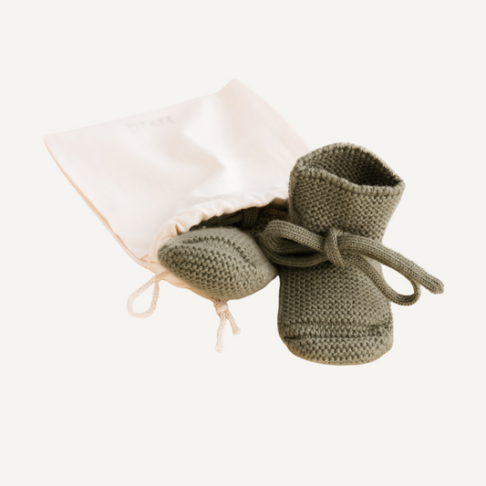 wollenslofjes babyslofjes groen artichoke hvid