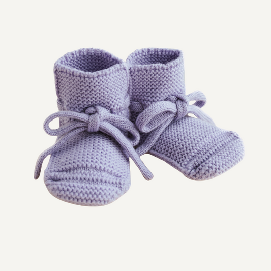 hvid merinowol slofjes baby lila paars wollenslofjes