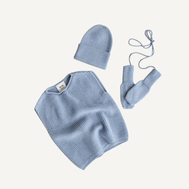 baby kids wantjes licht blauw spencer beanie hvid