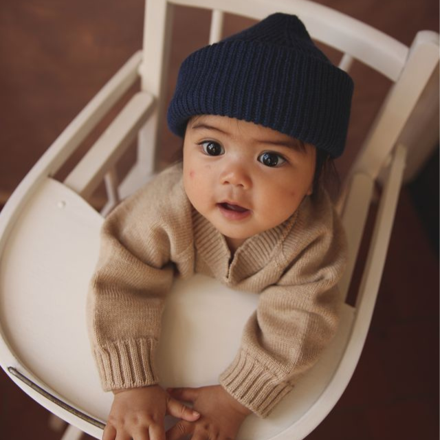 muts beanie fonzie blue hvid merinowol kids baby marineblauw