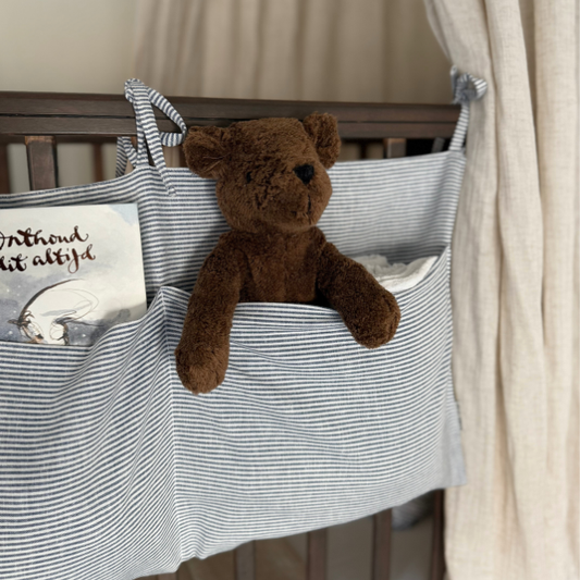 blauw wit gestreepte bed organizer