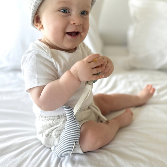 maan speenkoord bijtring baby linnen gestreept blauw