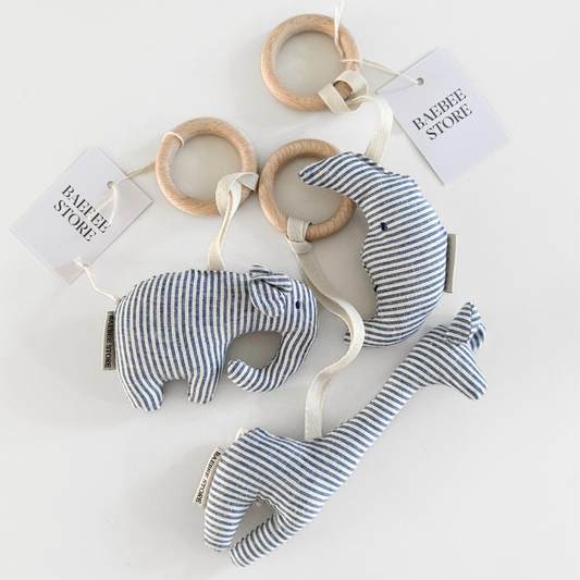 speenkoord linnen blauw wit gestreept bijtring kraamkado kraamcadeau